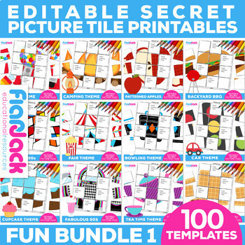 Preview of EDITABLE Mystery Picture Worksheet Templates FUN THEME BUNDLE 1