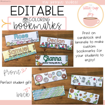 Preview of EDITABLE Name + Coloring Bookmarks for a Student Gift! (Google Slides)