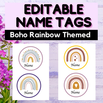 Preview of EDITABLE Name Tags - Desk Labels - Boho Rainbow Themed Classroom Decor - Labels