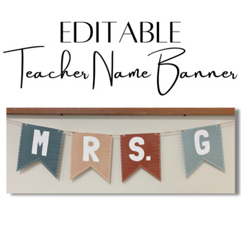 Preview of EDITABLE Neutral Teacher Name Banner - blue neutrals | Modern Boho