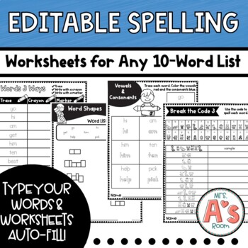 Preview of EDITABLE No Prep Spelling Worksheets for Any 10 Word List