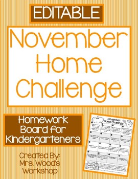 Preview of EDITABLE November Home Challenge for Kindergarten