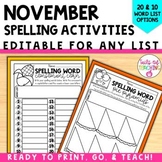 November word work Editable spelling activities Editable s