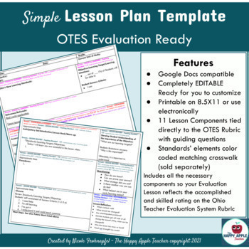 Preview of EDITABLE OTES 2.0 Lesson Plan Template - Teacher Observation Evaluation Ready
