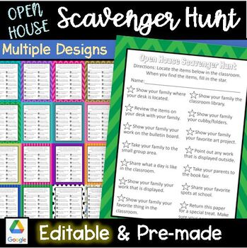 Preview of EDITABLE Open House Classroom Scavenger Hunt Printable Family Activity easy