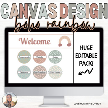 Preview of EDITABLE Organic Boho Rainbow Canvas & Schoology Design Buttons, Headers & MORE!