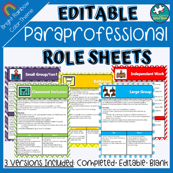 Preview of EDITABLE Paraprofessional Aide Role Sheets for Special Ed Bright Rainbow Theme