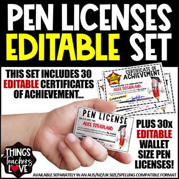 Preview of EDITABLE Pen Licenses & Certificates of Achievement, Bundle Set (USA Compatible)