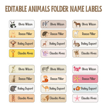 Preview of EDITABLE Personalized Animals Folder Name Labels - Name Tags