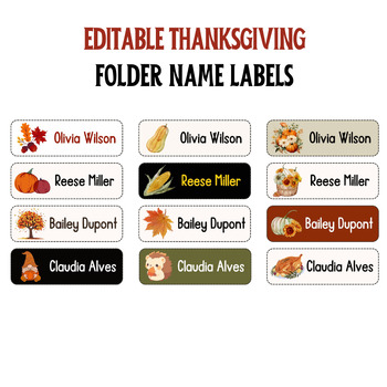 Preview of EDITABLE Personalized Thanksgiving Folder Name Labels - Name Tags