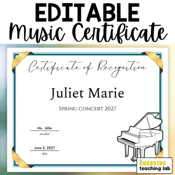 Preview of EDITABLE Piano Music Certificate Template PDF Music Recital Concert