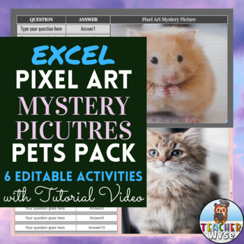 Preview of EDITABLE Pixel Art Mystery Picture PETS PACK 6 Digital Activities for EXCEL