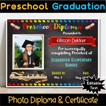 Preview of EDITABLE Preschool Graduation Certificate/Diploma, Chalkboard -Promotion gift