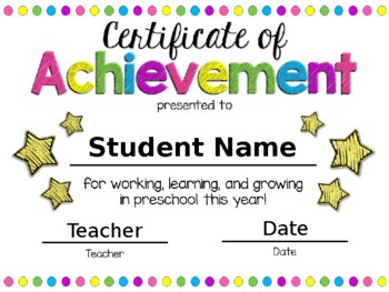 EDITABLE Preschool End of the Year Certificate of Achievement Award