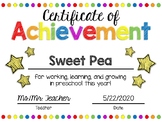 EDITABLE Preschool End of the Year Certificate of Achievem