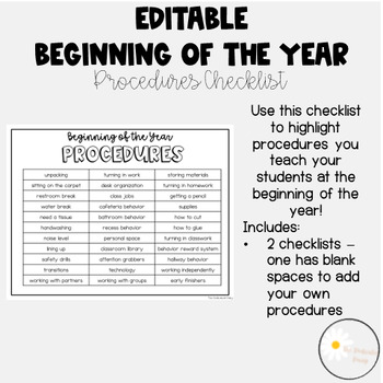 Preview of EDITABLE Procedures Checklist for Beginning of the Year