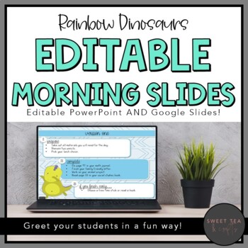 Preview of EDITABLE Rainbow Dinosaurs Morning and Task PowerPoint Slides AND Google Slides