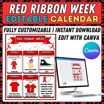 Preview of EDITABLE Red Ribbon Week Calendar, Weekly Itinerary Flyer, PTO PTA School