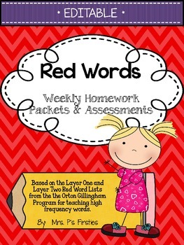 Preview of EDITABLE Red Words Homework and Assessments