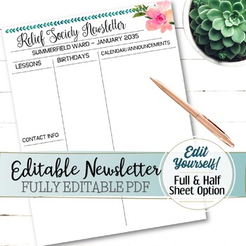 Preview of EDITABLE Relief Society Newsletter - INSTANT DOWNLOAD