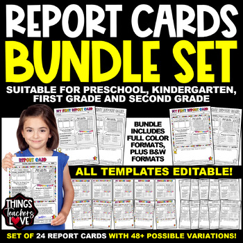 Preview of EDITABLE Report Cards for Preschool, Kindergarten, 1st Grade and 2nd Grade (USA)