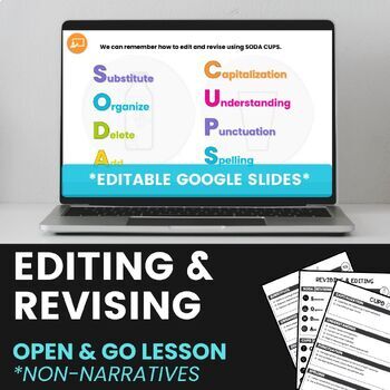 Preview of EDITABLE! SODA CUPS Editing & Revising Essays | Open & Go Lesson + Activity