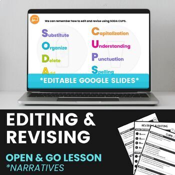 Preview of EDITABLE! SODA CUPS Editing & Revising Narratives | Open & Go Lesson + Activity