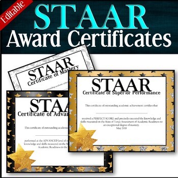 Preview of EDITABLE! --- STAAR Achievement Awards --Mastery --Advanced -- Perfect Score -Tx