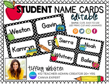Preview of EDITABLE School Supply Student Name Tags, Labels - NEW Canva Version