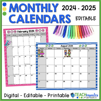 EDITABLE School Year Monthly Calendar 2017-2018 | TpT