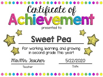 Preview of EDITABLE Second Grade End of the Year Certificate of Achievement Award