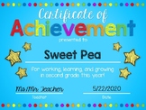 EDITABLE Second Grade End of the Year Certificate of Achie
