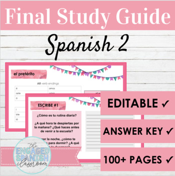 Preview of EDITABLE Spanish 2 Final Exam Study Guide | Review Activities