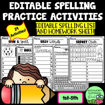 Preview of EDITABLE Spelling Activities, Word Work Practice for ANY List, NO PREP, 1st-5th
