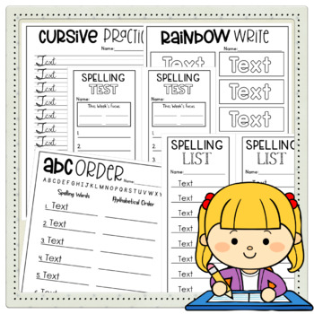 Preview of EDITABLE Spelling Worksheets +Tests 5-18 Words ABC Order, Rainbow Write, Cursive