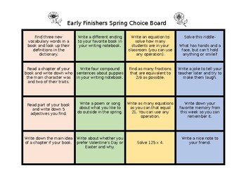 Preview of EDITABLE Spring Early Finishers Choice Board