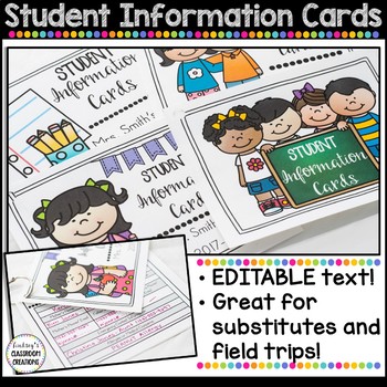 Preview of Student Information Cards - Great for Subs/ Field Trips! EDITABLE