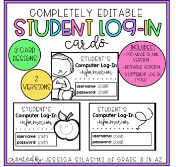 Preview of EDITABLE Student Log-In Cards