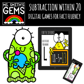 Preview of EDITABLE Subtract within 20 Digital Game/Task Cards for Online Distance Learning