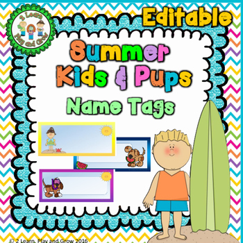 Preview of EDITABLE  Summer Kids & Pups  Cubby  Name Tags for  Preschool, Child Care, Camp