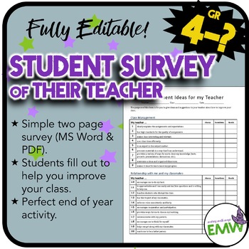 Preview of EDITABLE - Survey for students to assess their teacher