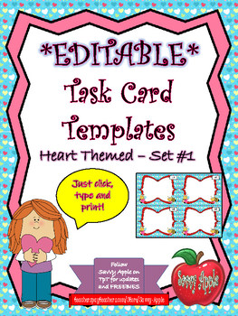 Preview of EDITABLE Task Card Templates - Hearts - Set 1 - Valentine's Day - COMMERCIAL USE