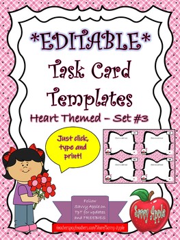 Preview of EDITABLE Task Card Templates - Hearts - Set 3 - Valentine's Day - COMMERCIAL USE