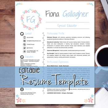 Preview of EDITABLE Teacher Resume Template + Cover Letter and References (FLORAL 2)