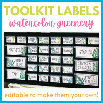 Preview of EDITABLE Teacher Toolbox Labels (Watercolor Greenery/Farmhouse)