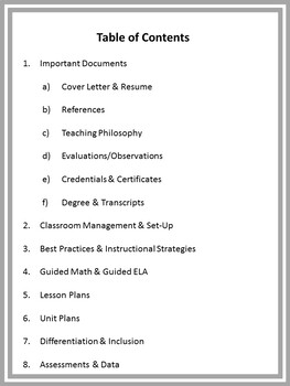 table of contents template for portfolio
