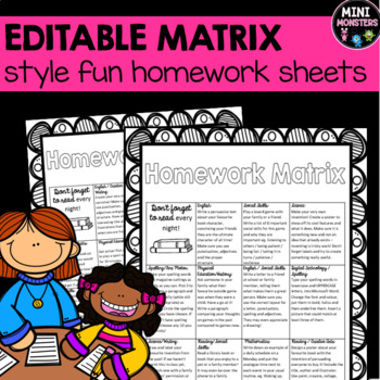 Preview of EDITABLE Third and Fourth Grade Homework Matrix Packet