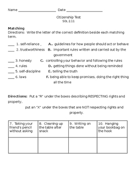 Preview of EDITABLE VA SOL ALIGNED Citizenship Test Assessment Computer Science 2nd grade