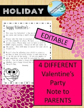 Preview of EDITABLE Valentine's Day party letter to parents February activity 2024