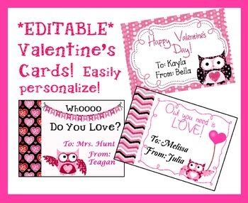 *EDITABLE* Owl Valentine's Cards for Students, Staff! EASY to Personalize